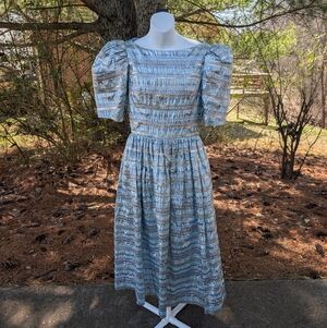 Vintage Victor Costa Neiman Marcus Metallic Striped Bow Midi Tea Party Dress 8